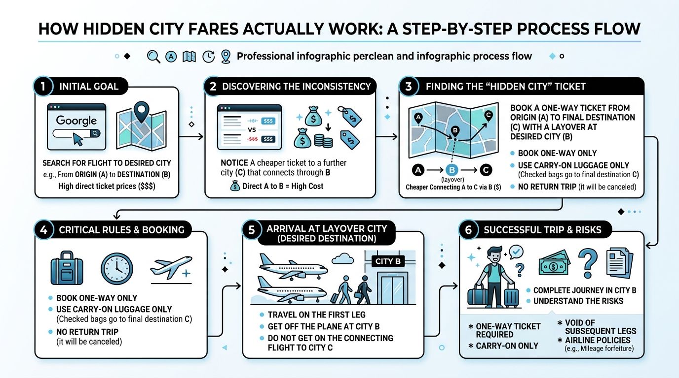 An infographic showing a six-step process explaining how hidden city flight ticketing works for budget travelers.