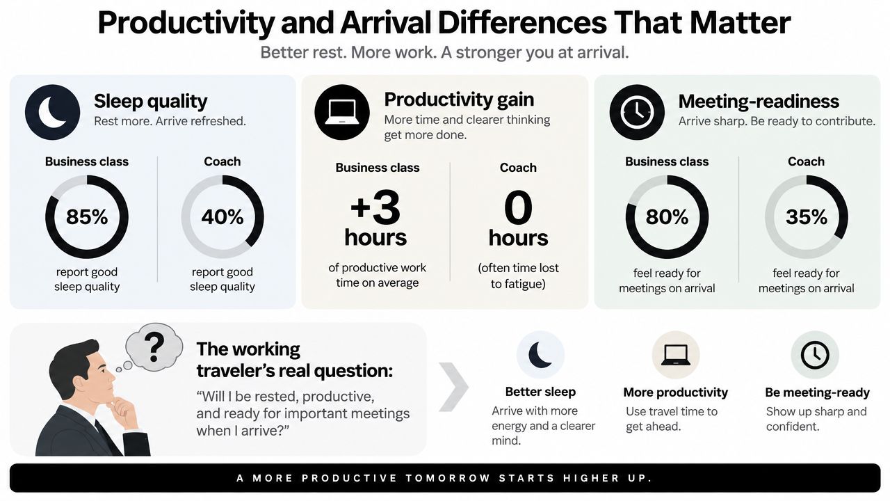 An infographic comparing productivity, sleep quality, and meeting readiness between business class and coach airplane travel.