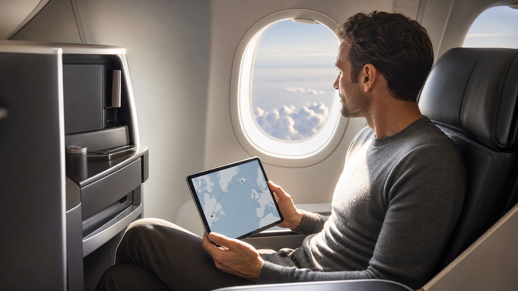 A man sits in a comfortable airplane seat, looking out the window while holding a tablet.