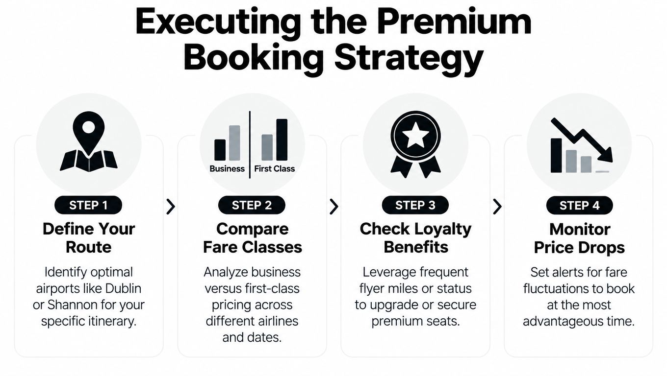 A four-step infographic illustrating a strategy for booking premium flights with tips for travelers.