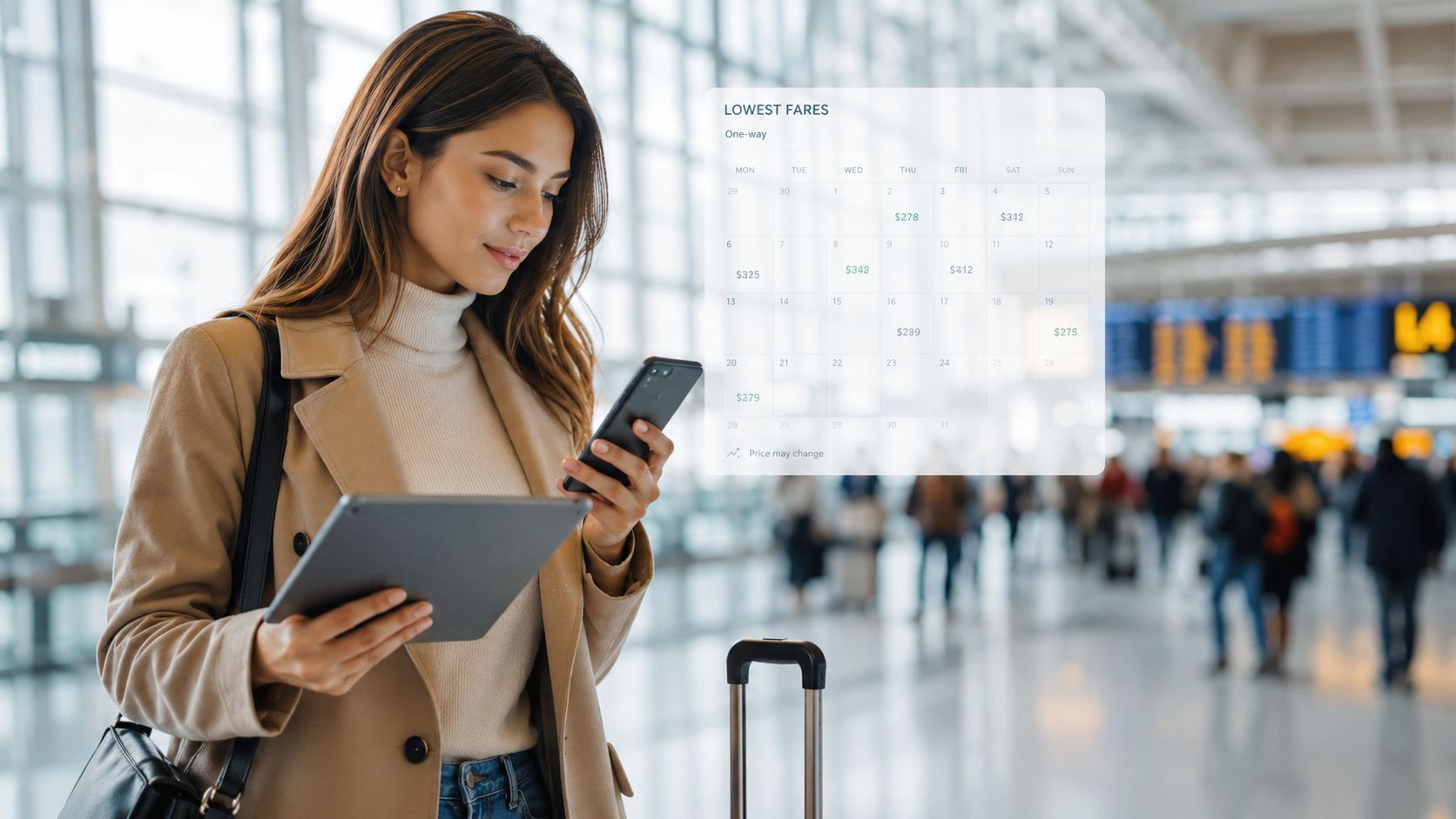A young woman at an airport checking flight prices on her smartphone and tablet.