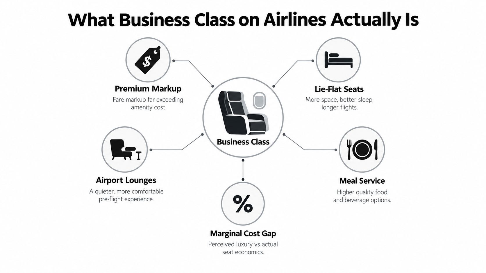 An infographic titled What Business Class on Airlines Actually Is featuring five key luxury travel components.