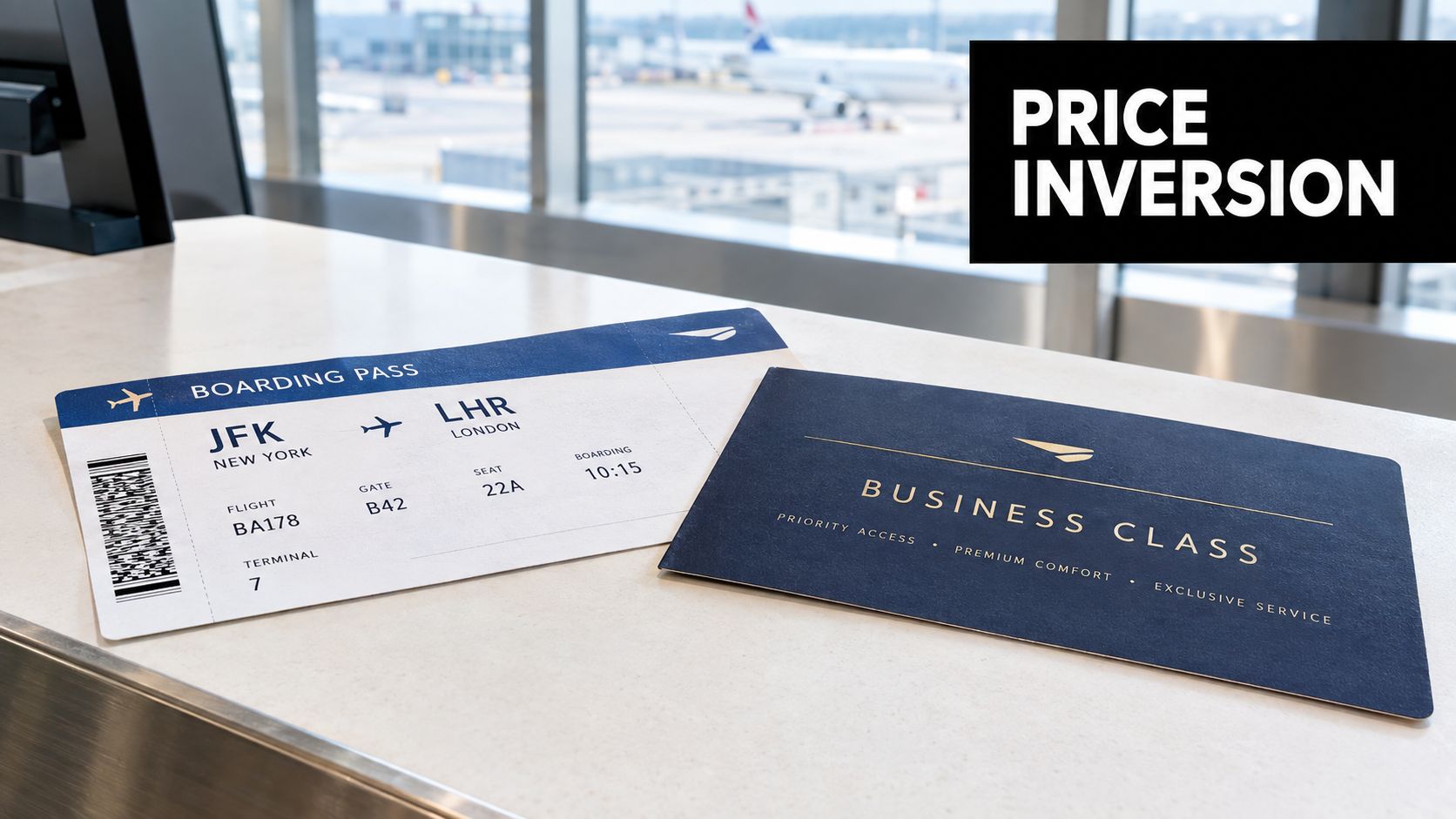 A boarding pass for a Business Class flight from JFK to London sitting on a counter.