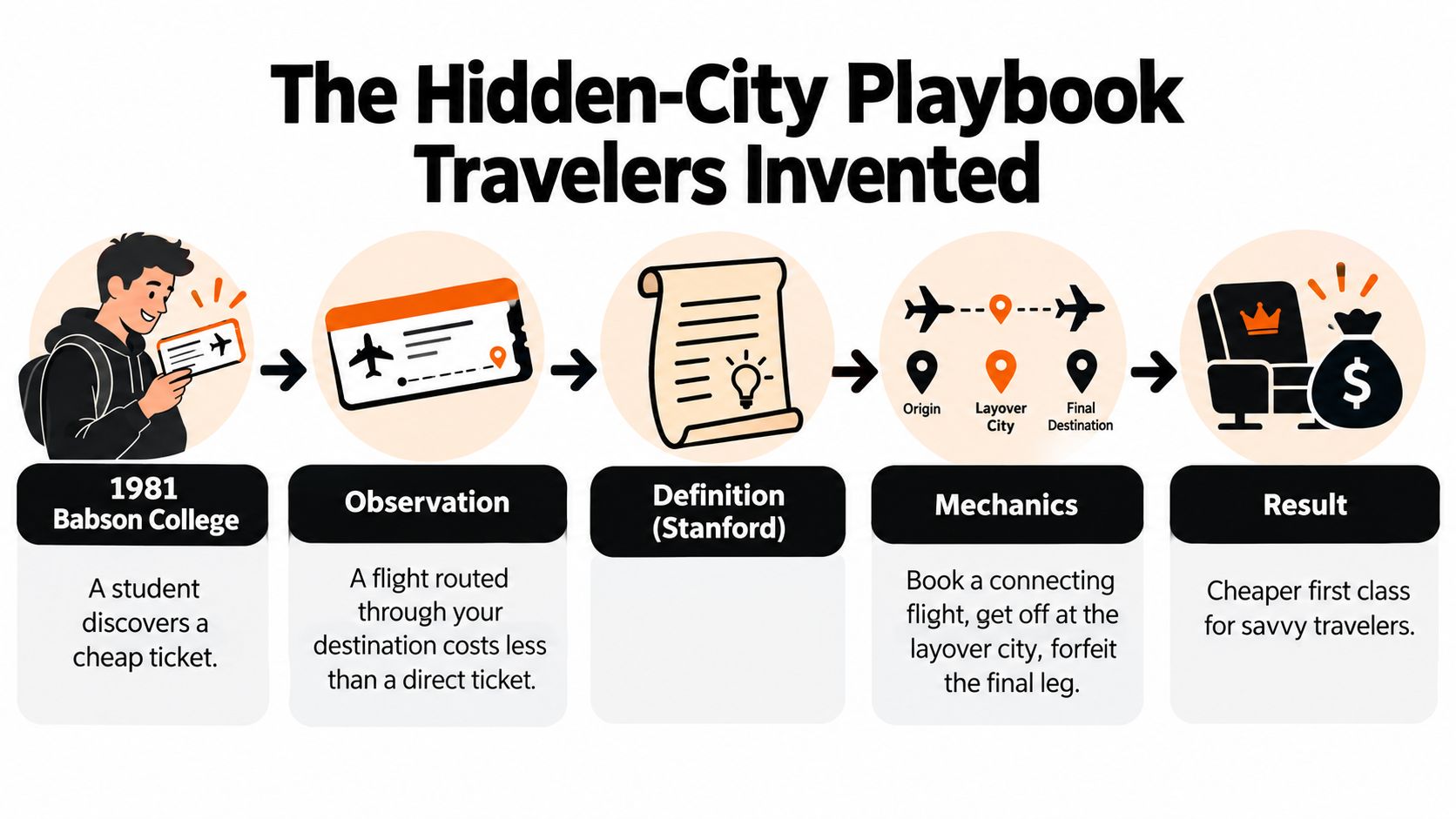 A diagram explaining the hidden-city ticketing hack, showing the process from discovery to cheaper travel results.