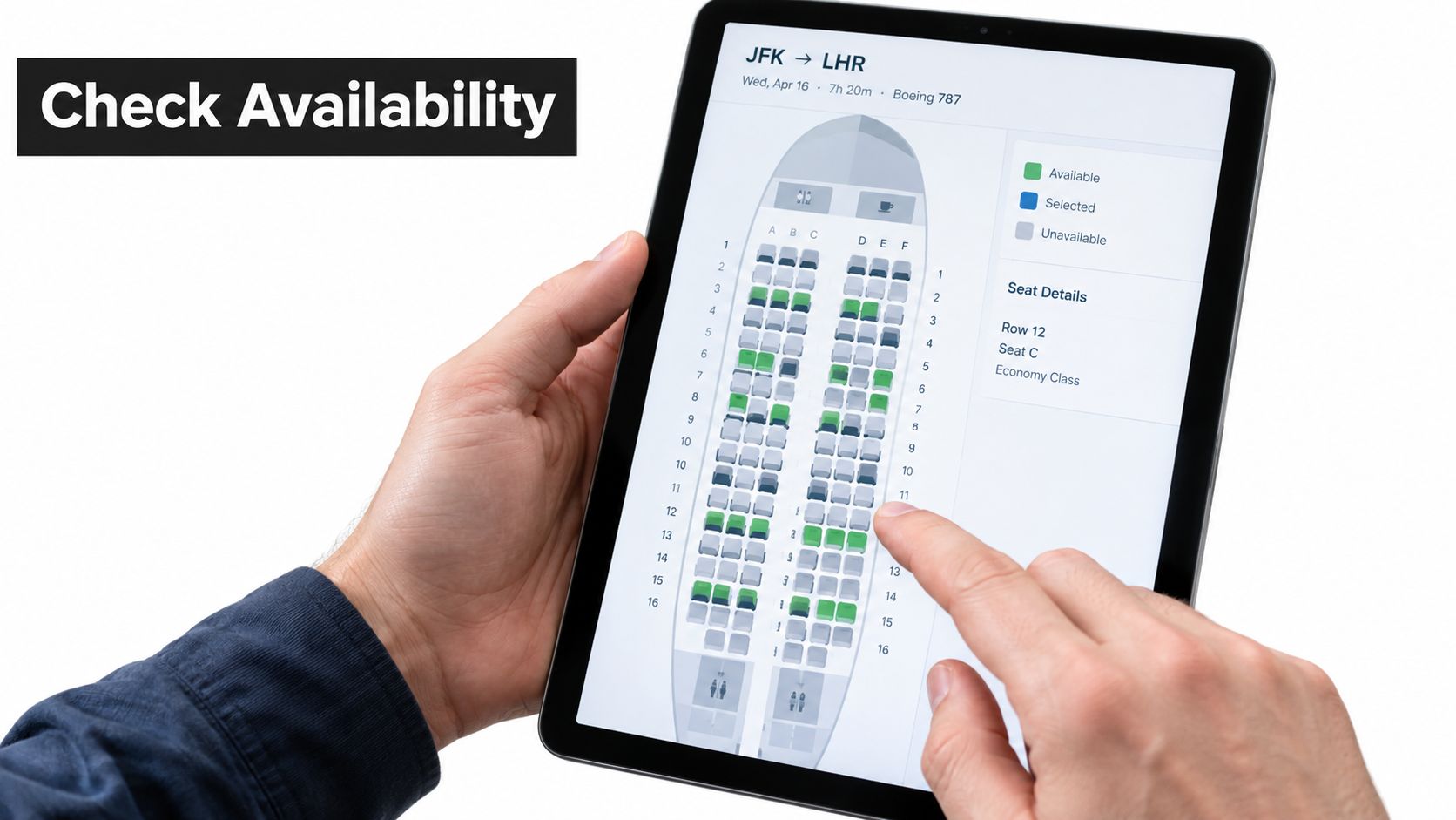 A person using a tablet to check airline seat availability for a flight from New York to London.