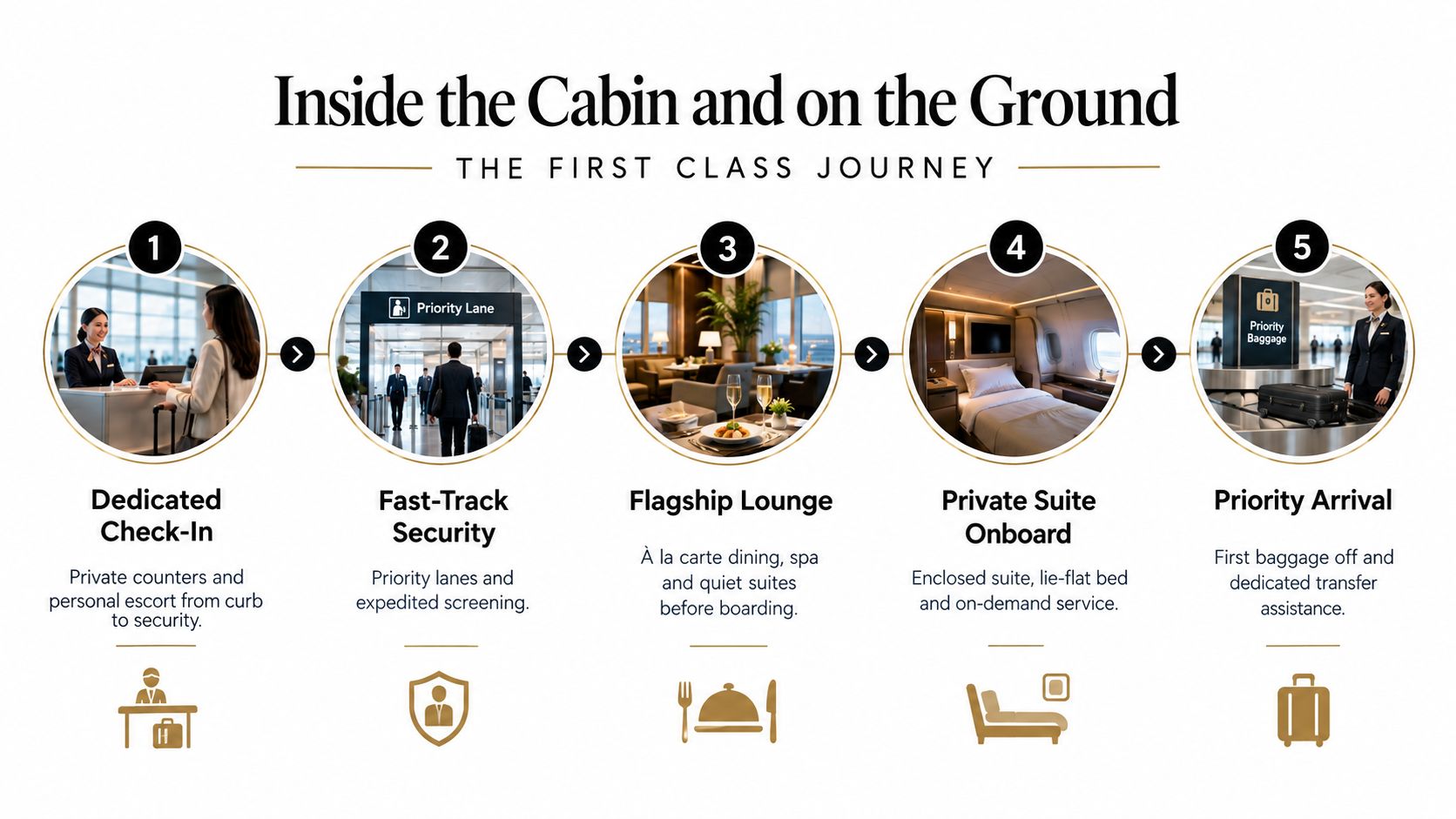 A five-step infographic detailing the premium services included in a luxury first class flight experience.