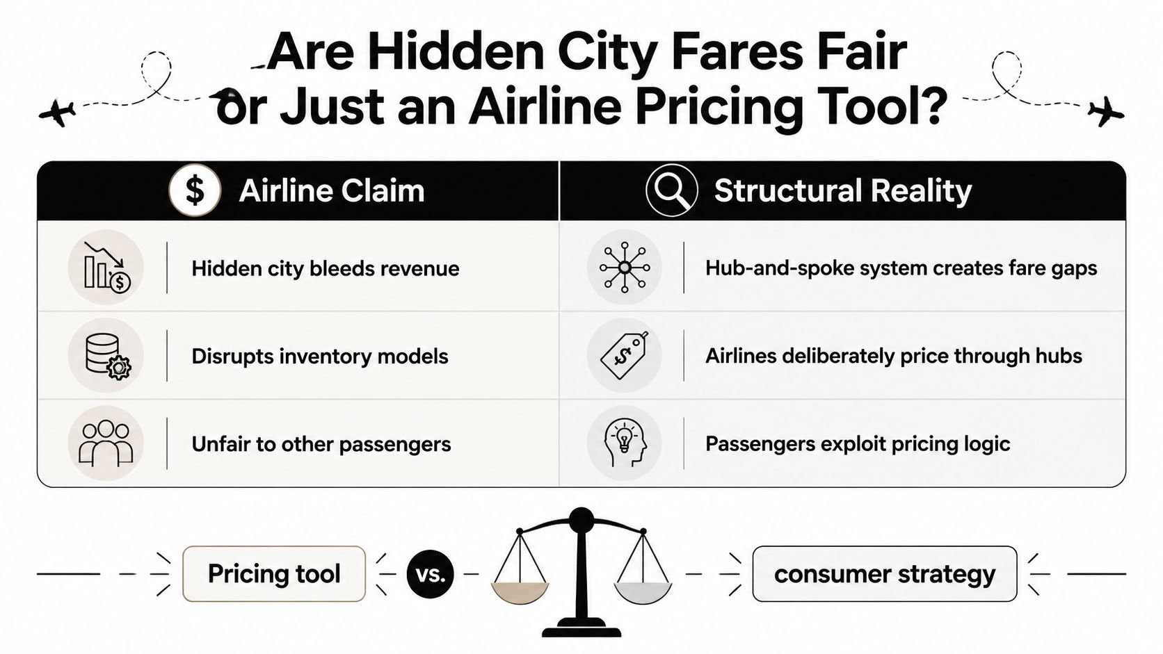 A comparison chart analyzing whether hidden city flight fares are an airline pricing tool or passenger strategy.