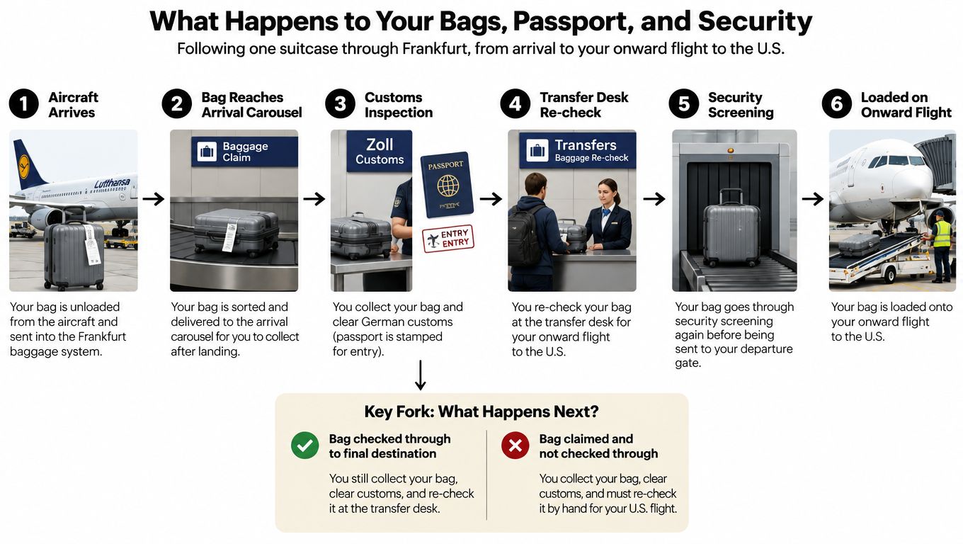 An infographic diagram explaining the process of baggage and security procedures for connecting flights at Frankfurt airport.