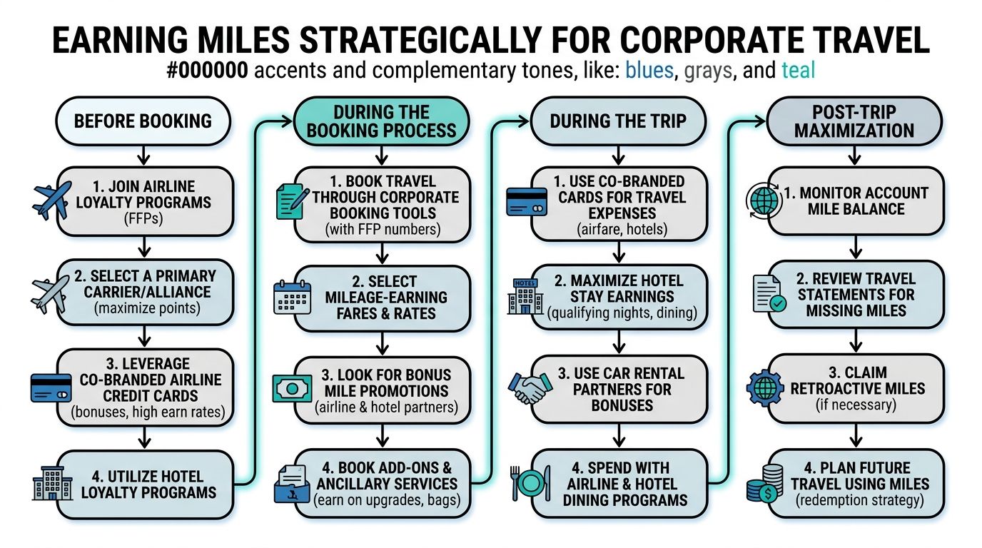 An infographic showing a four-step strategic process for earning airline miles efficiently during corporate travel.