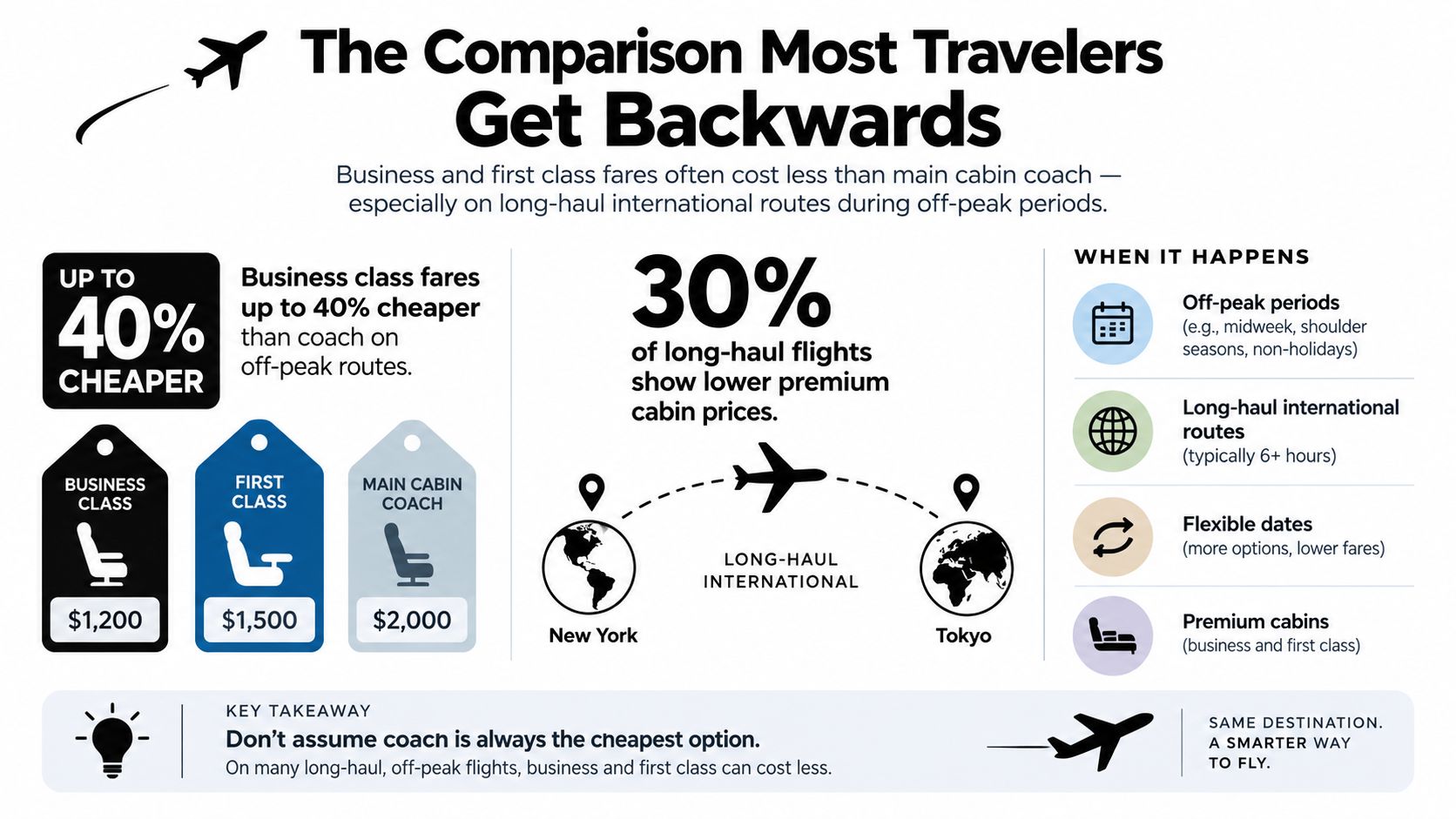 An infographic illustrating that business and first class flights can sometimes be cheaper than main cabin coach.
