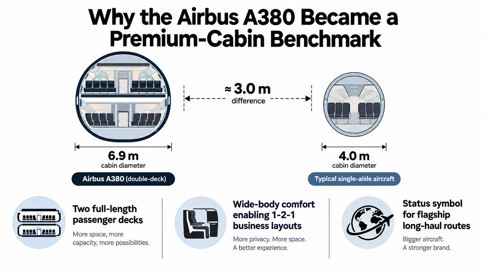 A comparison infographic showing the wider cabin diameter of the Airbus A380 versus a typical single-aisle aircraft.