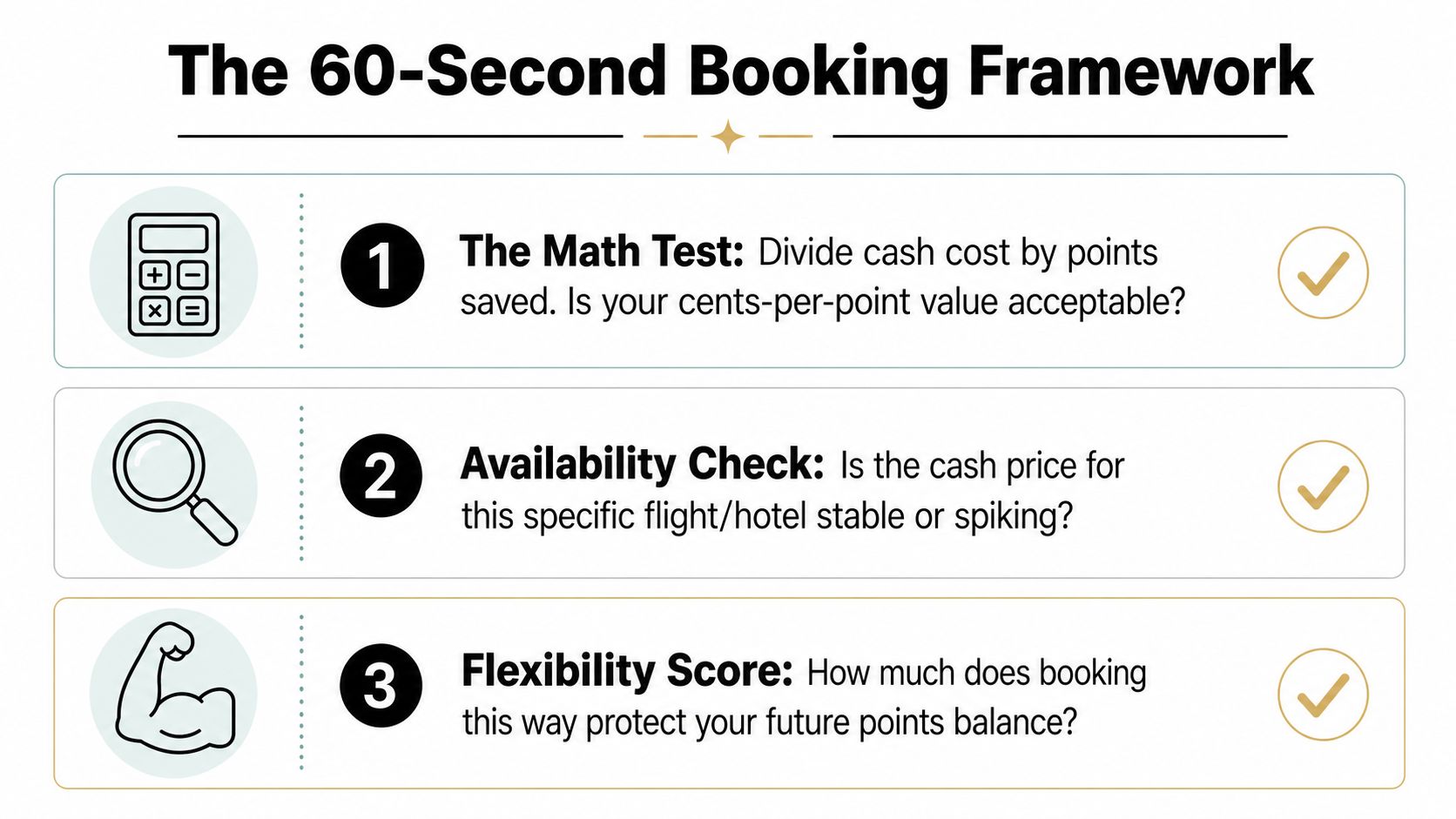 A graphic titled The 60-Second Booking Framework outlining three steps for booking travel with points.