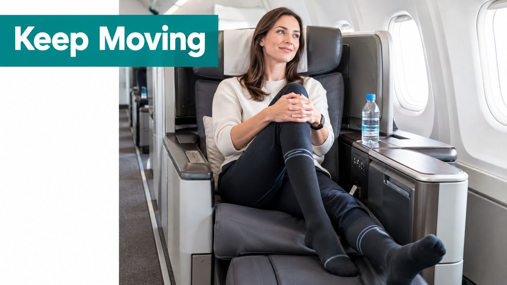 A smiling woman relaxing in a comfortable airplane seat, wearing compression socks for long-haul flight comfort.