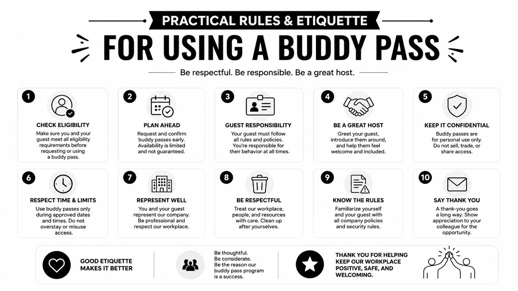 A ten-point infographic detailing practical rules, etiquette, and responsibilities for employees using a buddy pass program.