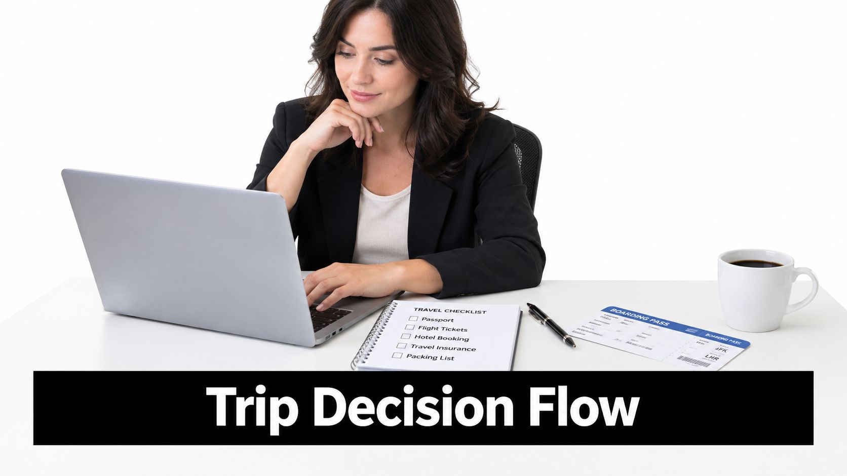 A professional woman working on a laptop with a travel checklist and boarding pass at her desk.