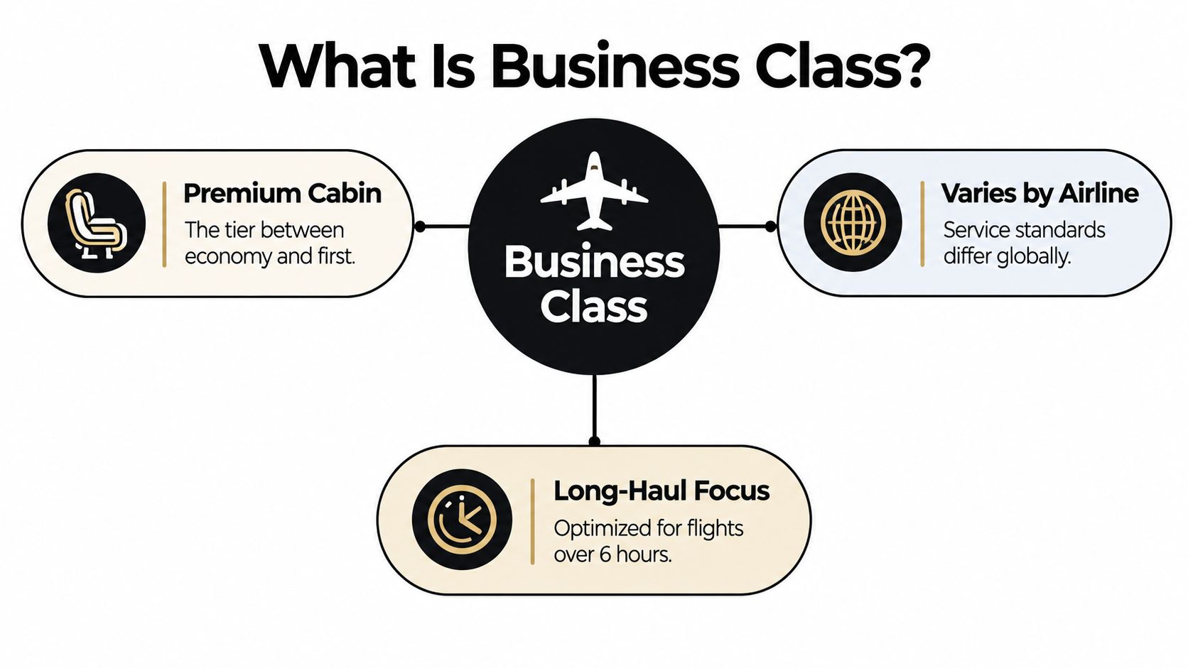 A diagram explaining business class as a premium cabin that varies by airline and focuses on long-haul flights.