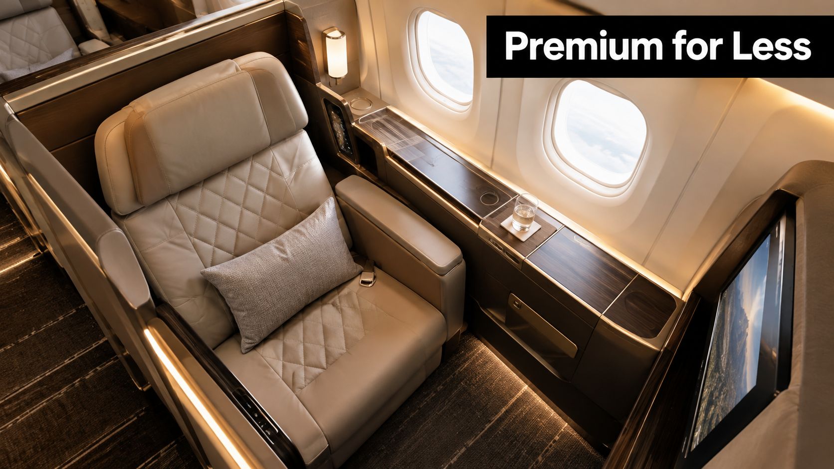 A luxurious first-class airplane seat featuring leather upholstery, a private suite layout, and an adjacent window view.