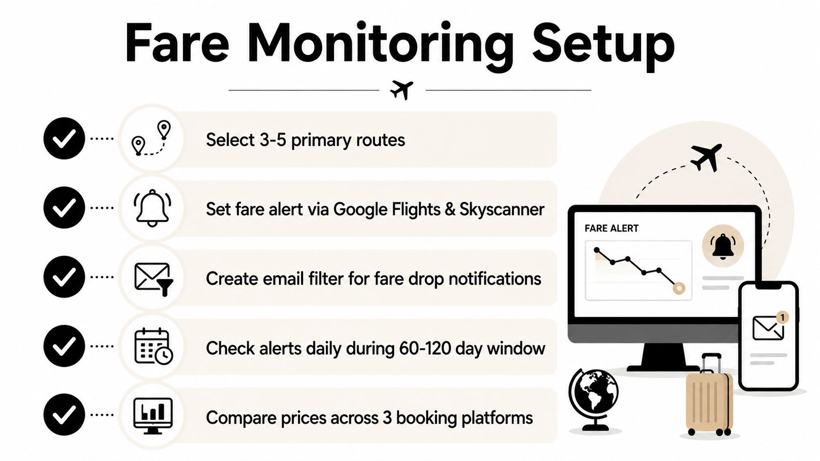 An infographic showing a five-step process for setting up travel fare alerts for cheap flights.