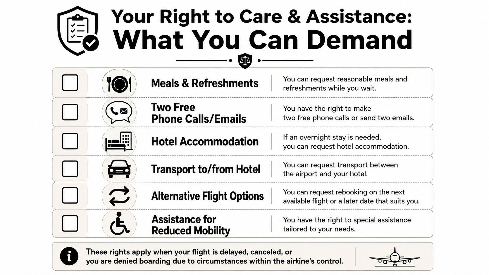 An infographic outlining airline passenger rights including meals, communication, accommodation, transport, rebooking, and reduced mobility assistance.