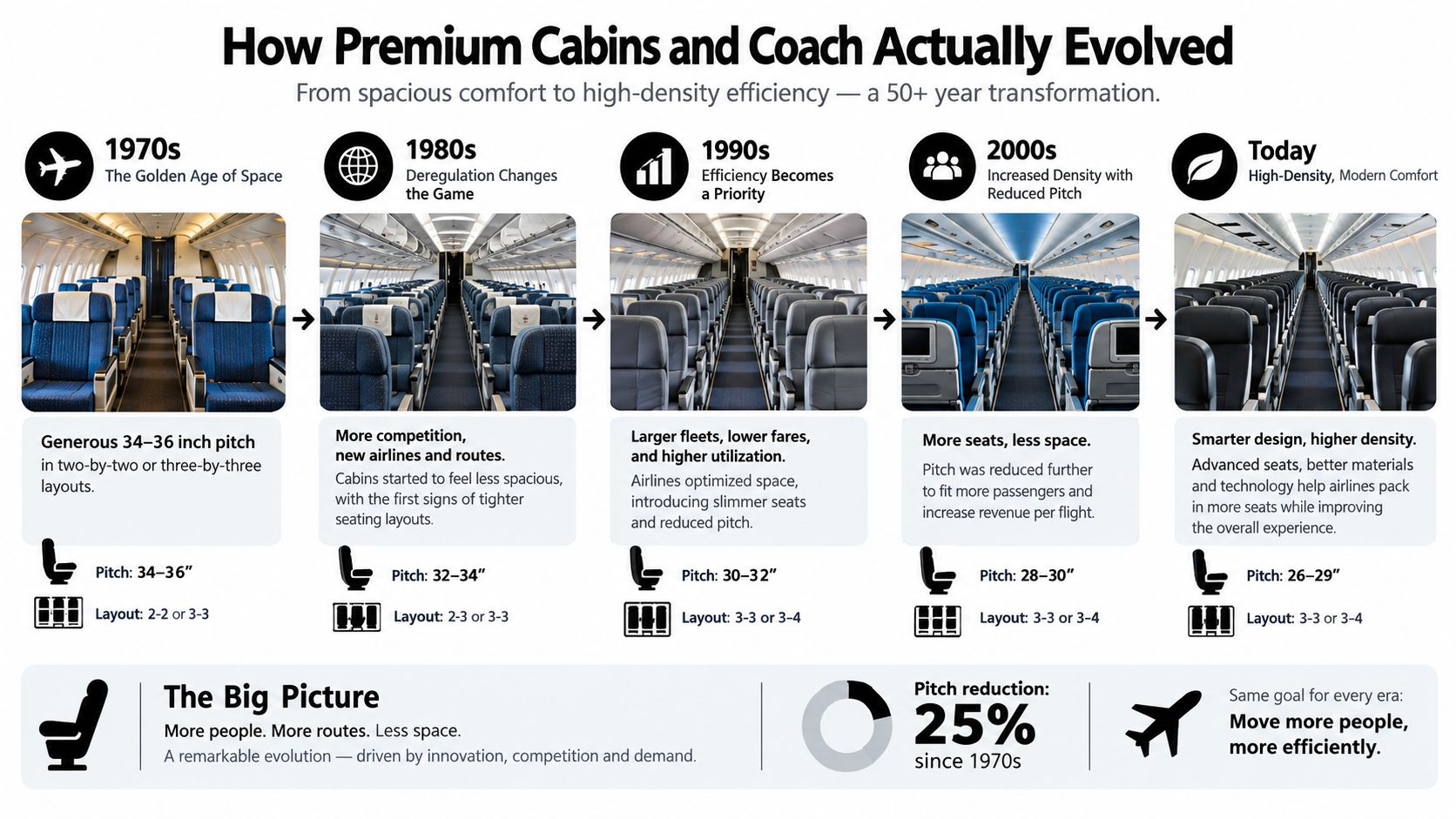 A timeline infographic detailing the evolution of airplane cabin density, reduced seat pitch, and seating layouts since the 1970s.