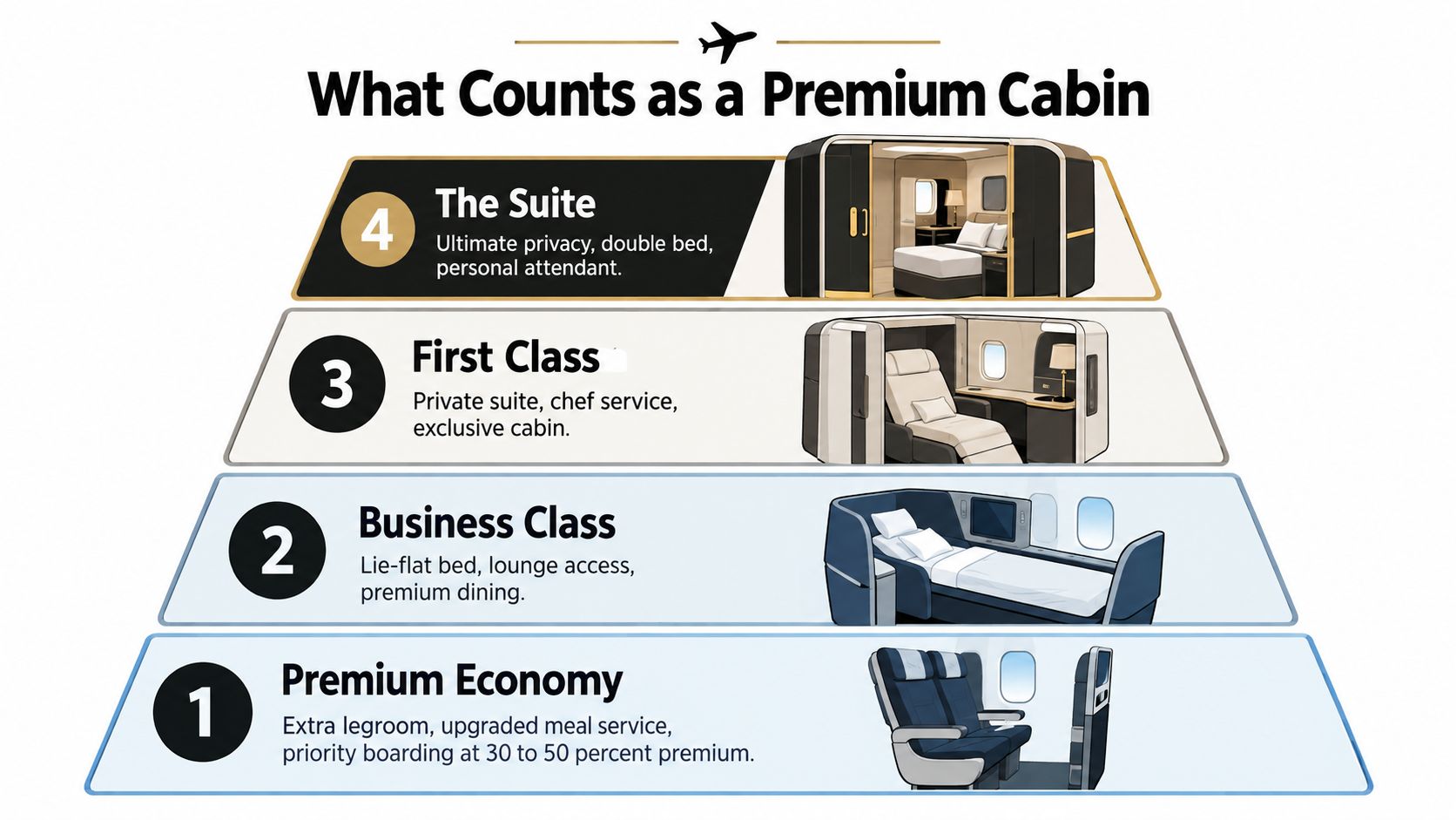 A pyramid diagram illustrating the four levels of premium airline cabins, from economy to the suite.