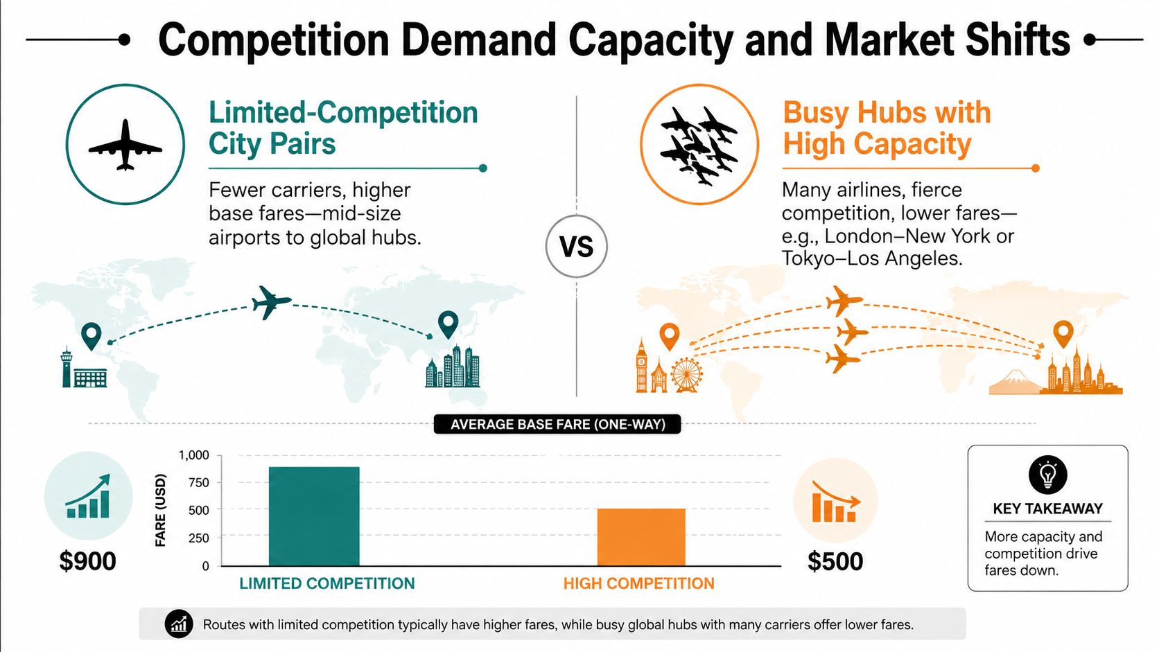 A bar chart comparing average one-way flight fares between limited competition routes and high competition hub routes.
