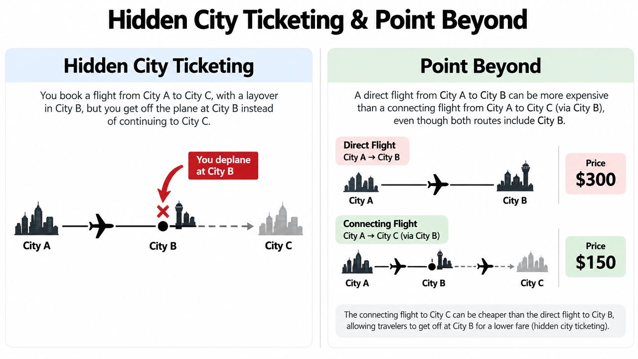 A diagram explaining hidden city ticketing where a flight to a final destination costs less than a direct flight.