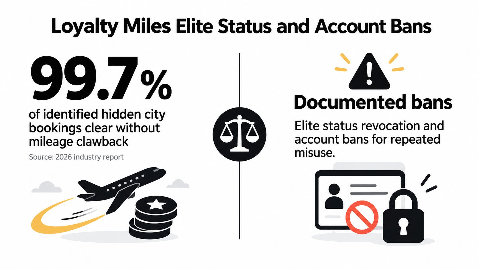 An infographic showing that 99.7% of hidden city bookings clear, with potential risks of elite status revocation.