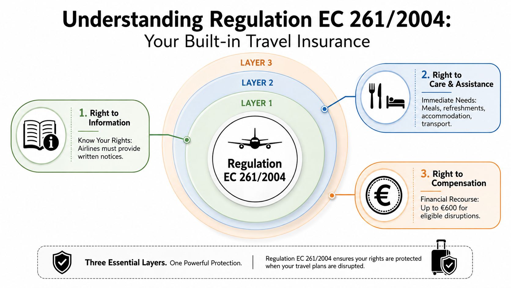 A diagram explaining EU Regulation EC 261/2004, detailing passenger rights for information, care, and financial compensation.