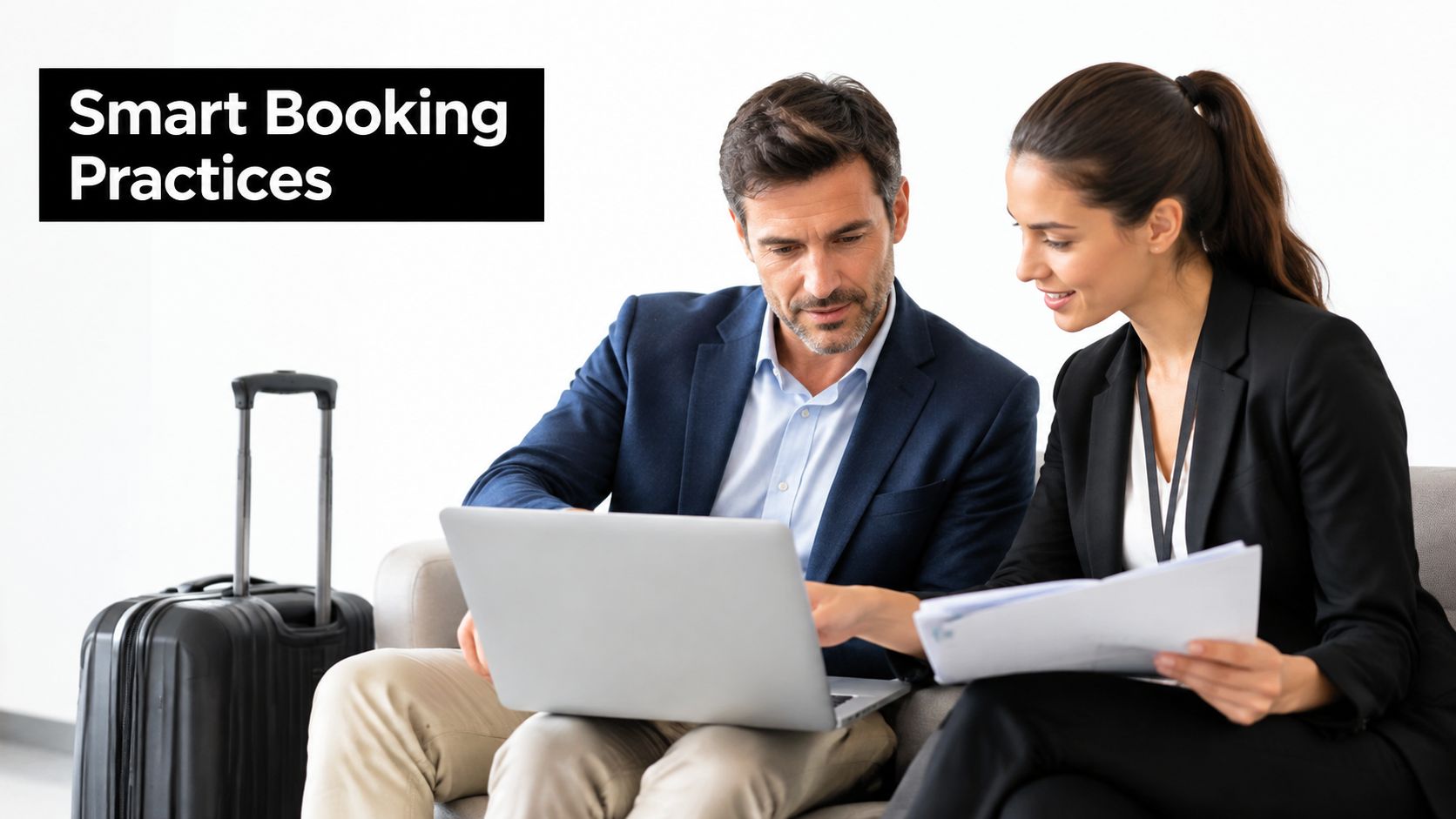 A professional man and woman in business attire reviewing travel plans on a laptop together.