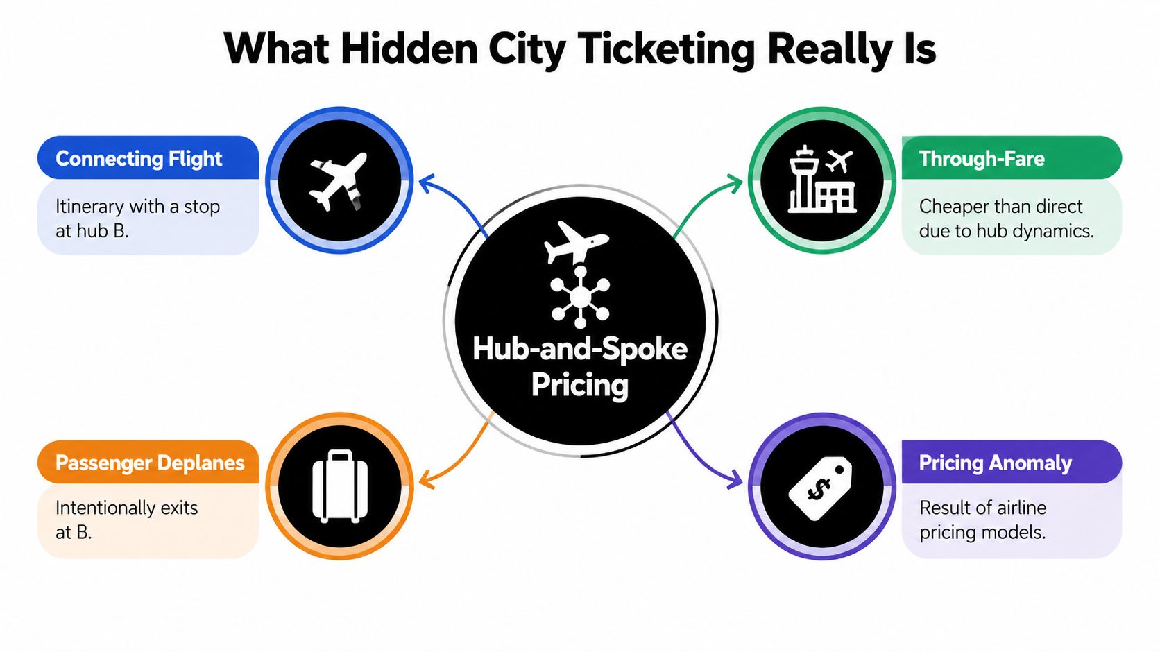 A diagram explaining hub-and-spoke pricing and the concepts behind hidden city ticketing for air travel.