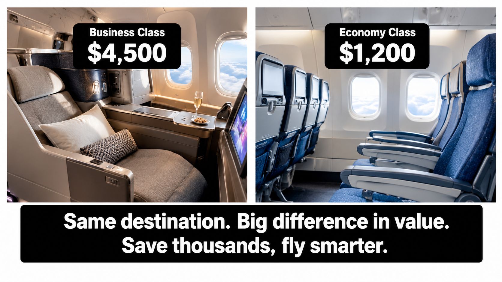 A side-by-side comparison of a luxury business class airplane seat and rows of economy class seating.