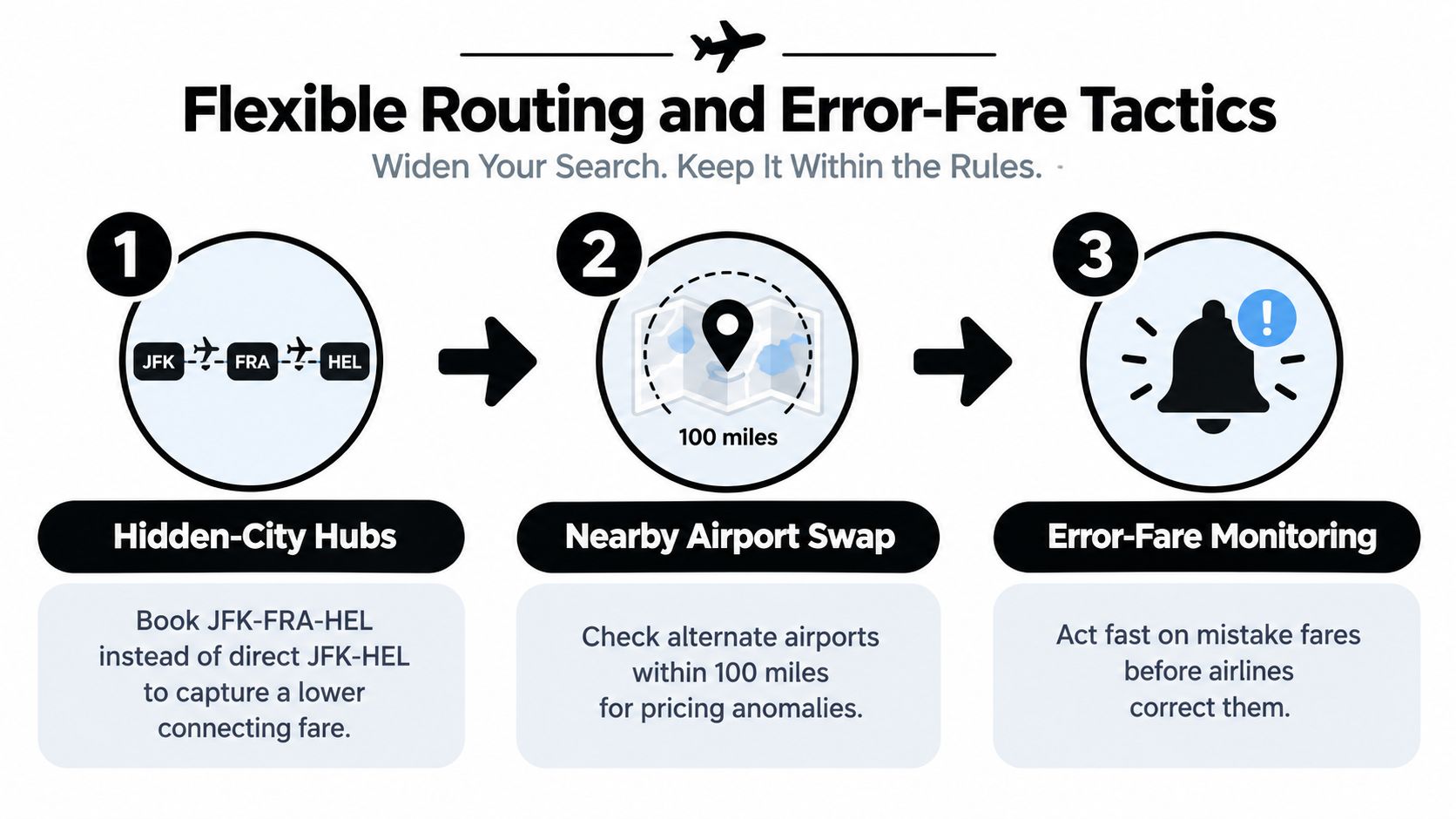 A graphic infographic explaining three strategies for finding cheaper airfare: hidden-city hubs, nearby airport swaps, and error-fare monitoring.