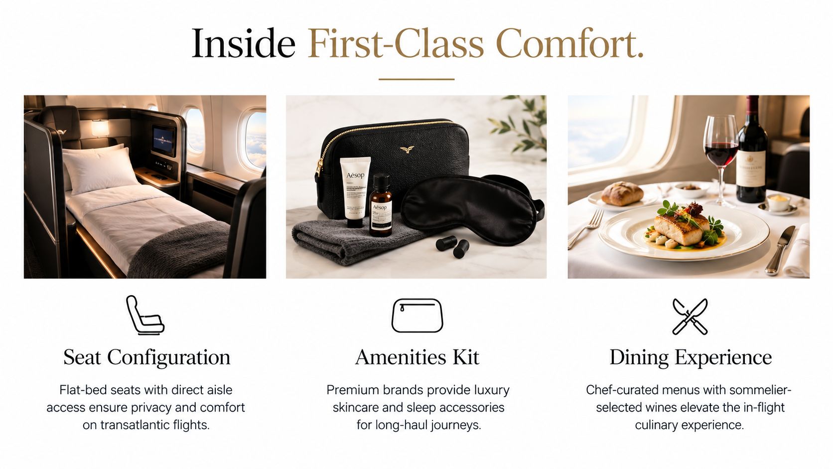 A luxurious first-class cabin experience featuring a flat-bed seat, premium Aesop amenities kit, and gourmet dining.