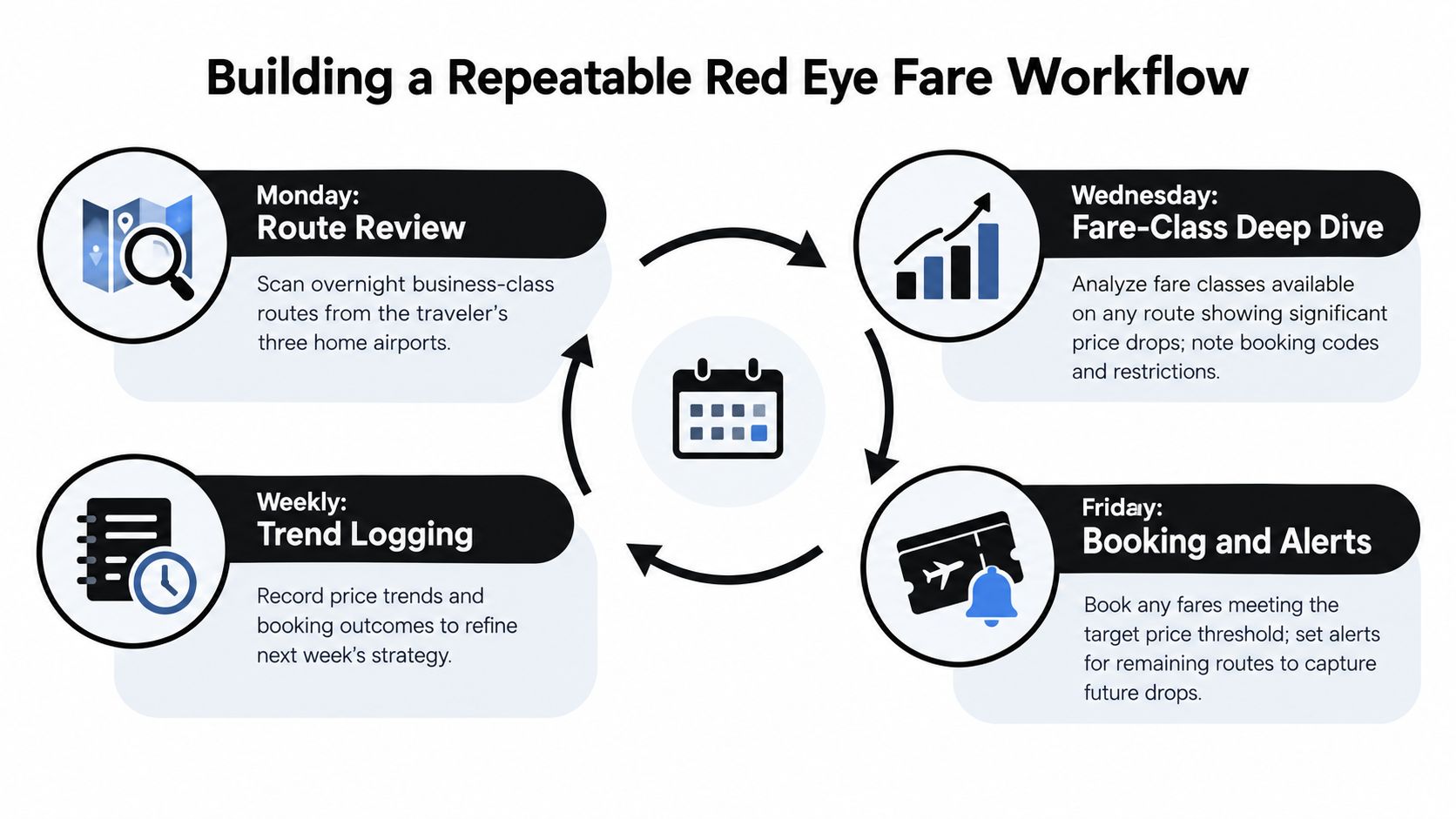 A weekly workflow diagram for building a repeatable red eye fare strategy for business class travel.