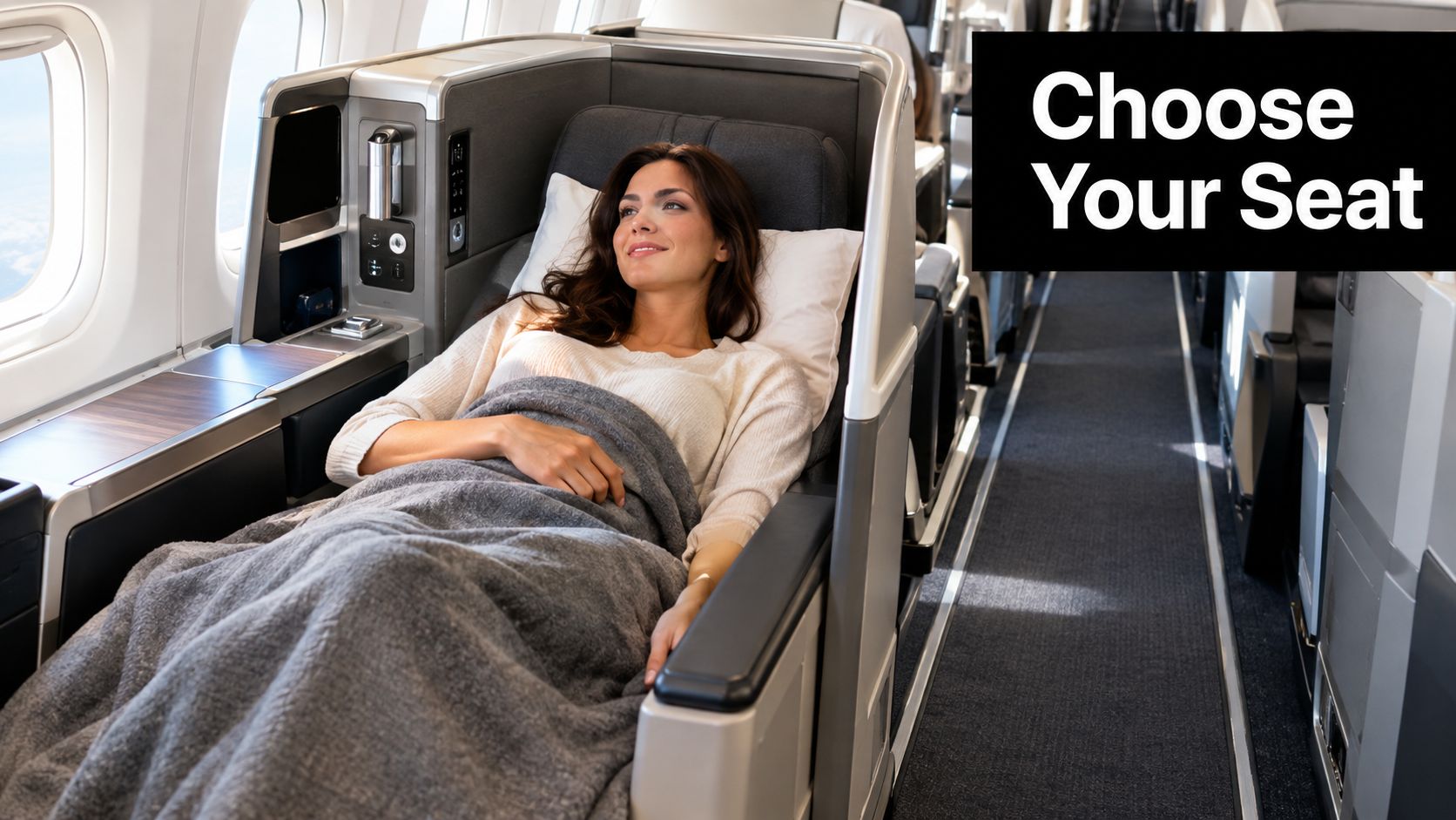 A woman reclining in a lie-flat business class seat on an airplane while covered by a blanket.