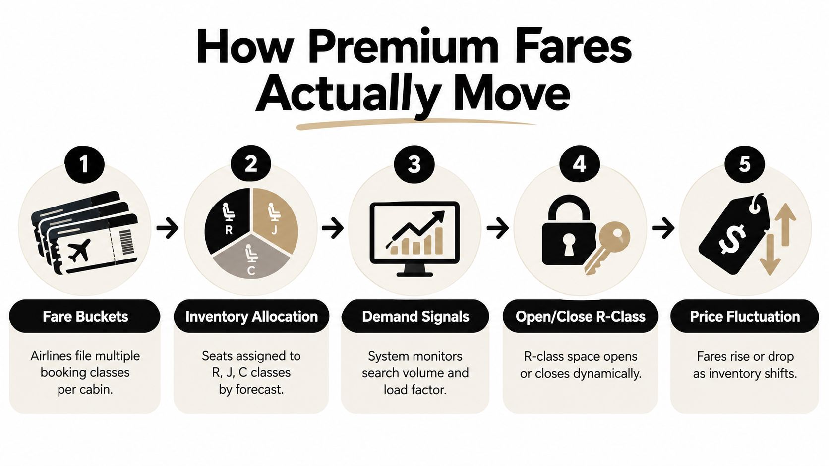 A five-step infographic explaining the dynamic process of how airline premium cabin fares fluctuate based on inventory.