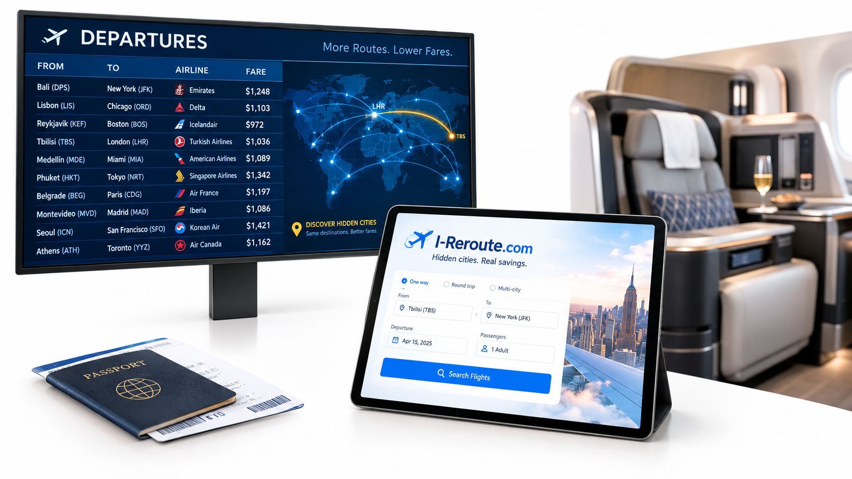 A digital screen displaying flight departures next to a tablet showing travel planning software for booking business flights.
