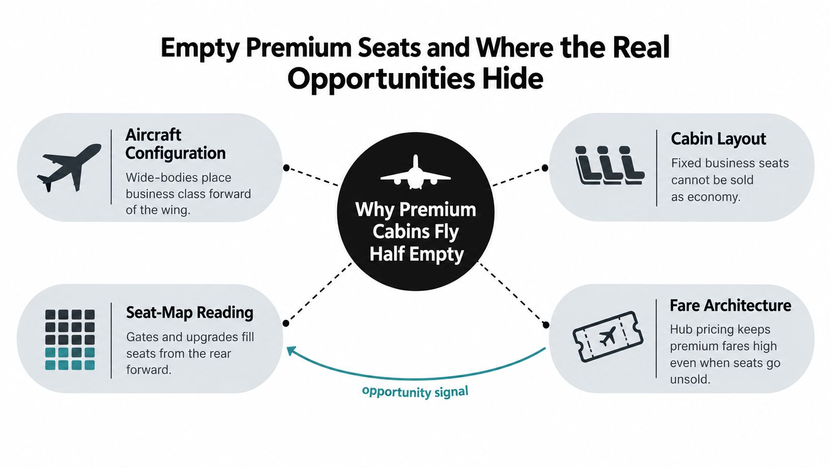 A diagram explaining why airline premium cabins often fly half empty due to configuration and pricing strategies.