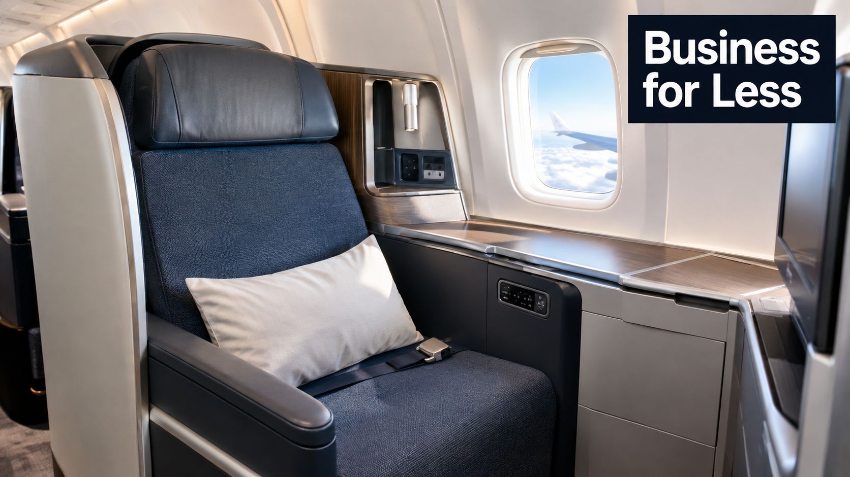 A luxurious airline business class seat featuring a comfortable pillow and a view of clouds outside.