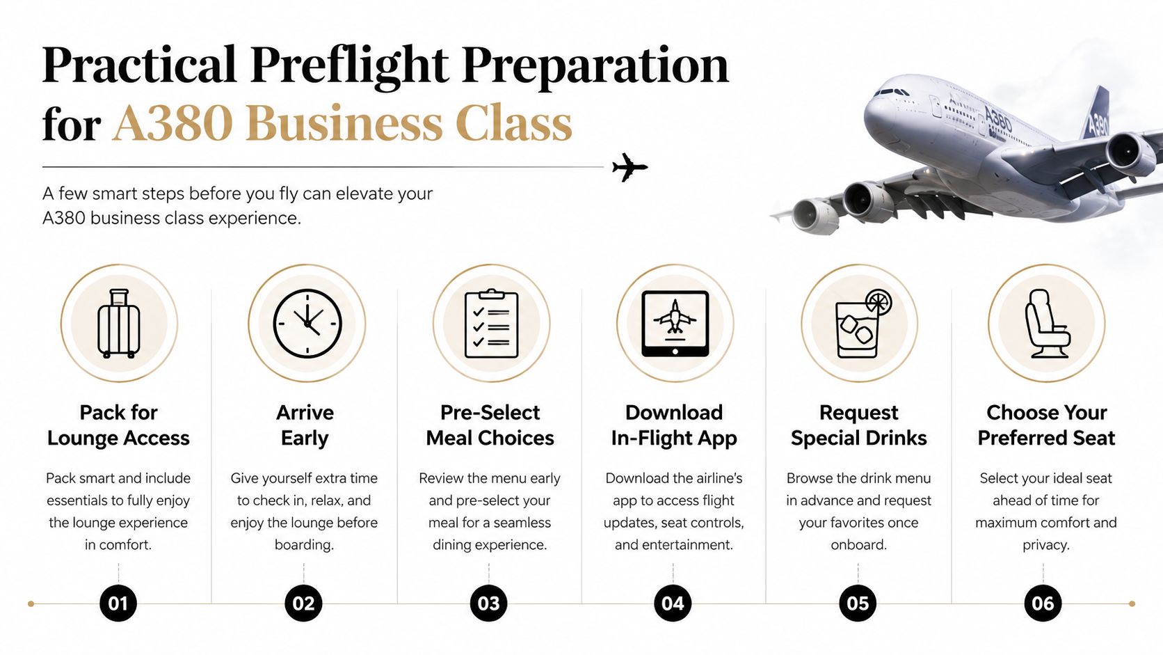 A guide illustrating six practical preflight preparation tips for passengers flying in A380 business class.