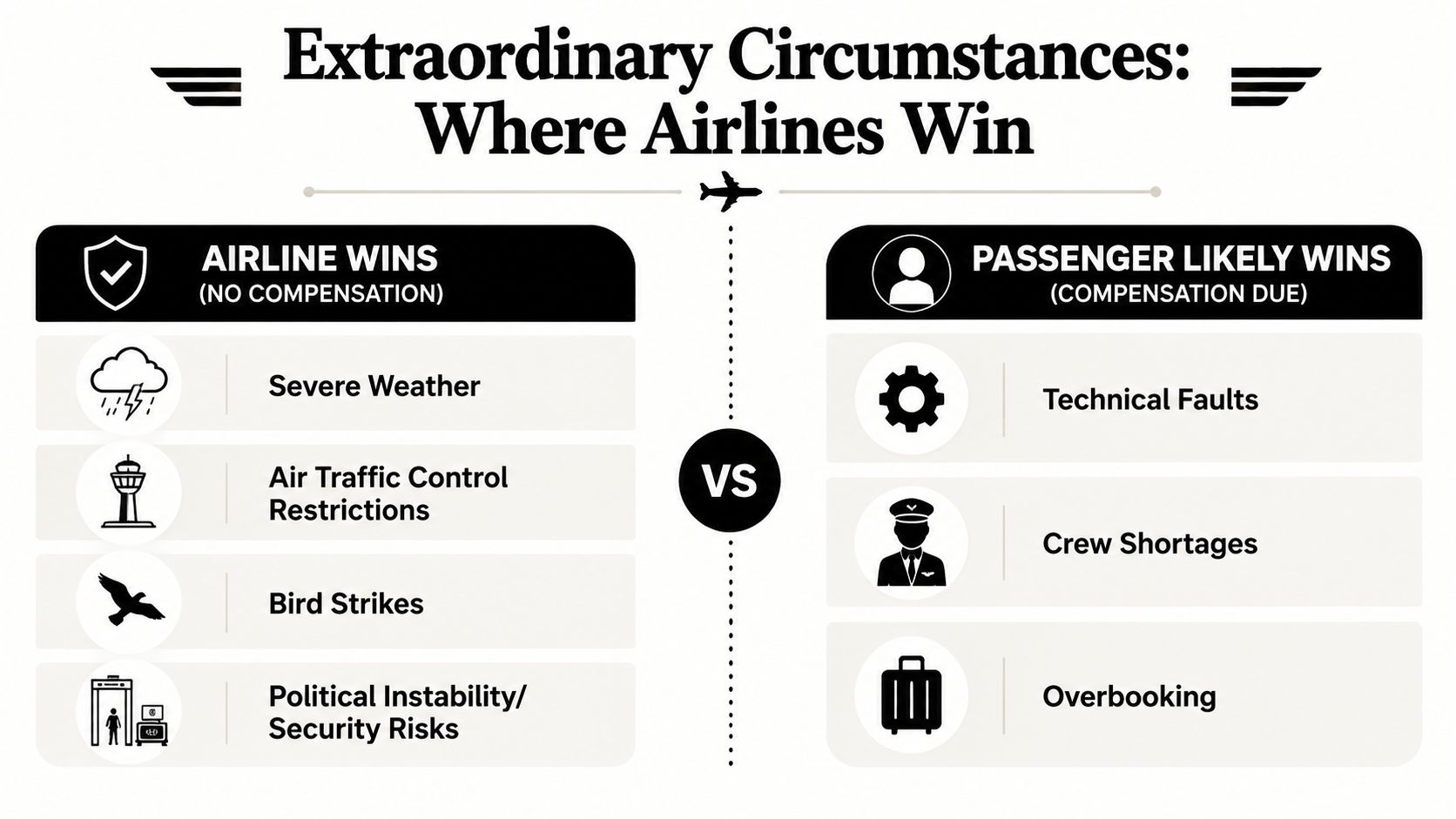 A comparison chart showing circumstances where airlines win versus when passengers are entitled to compensation.