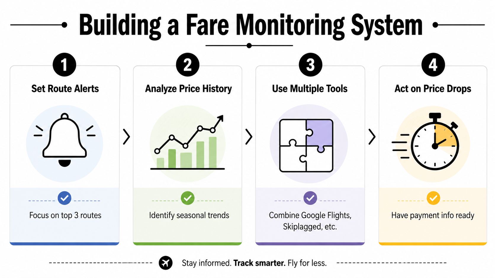 A four-step infographic illustrating a system for monitoring airline ticket prices to find cheaper flight deals.