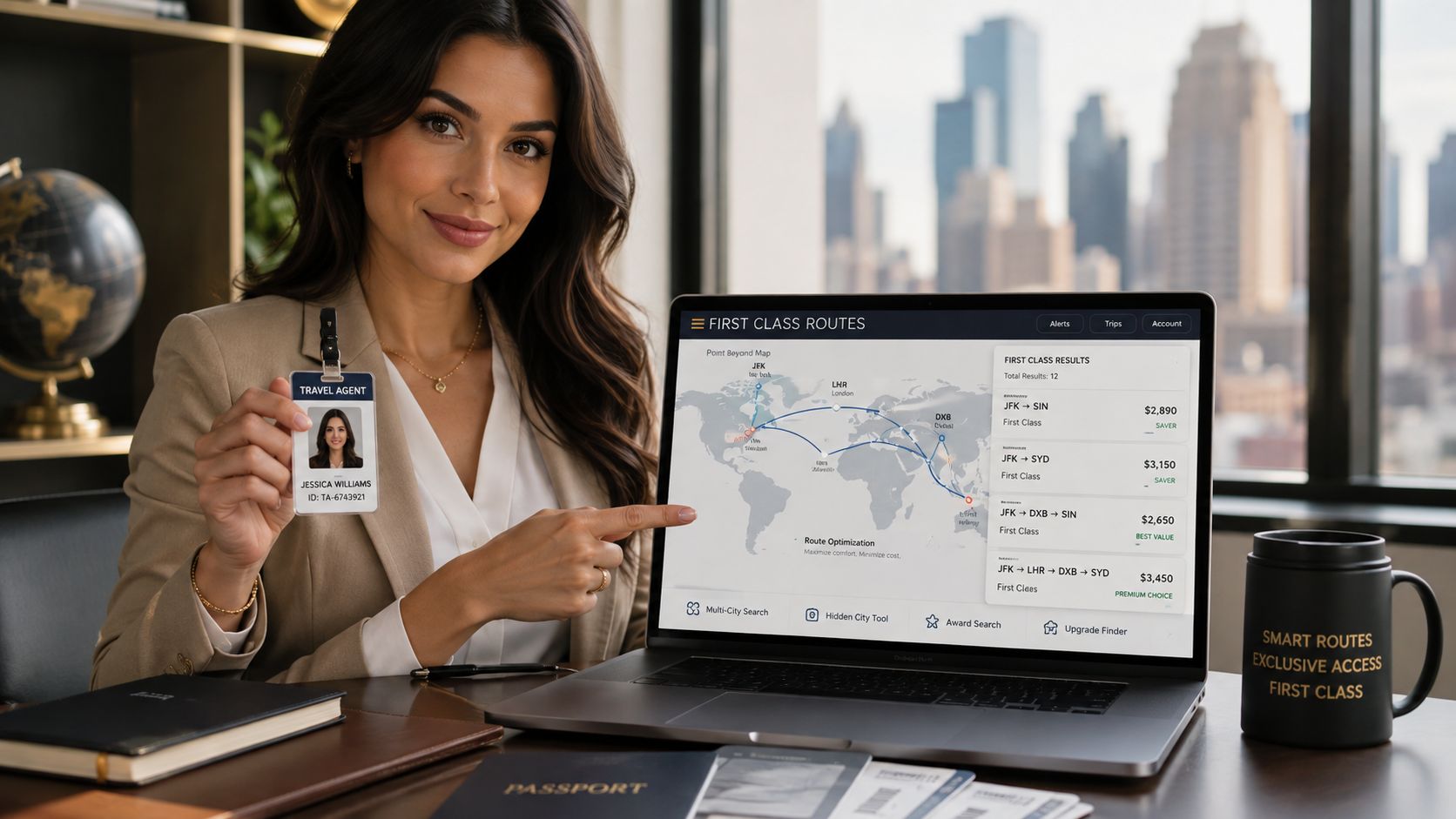 A professional travel agent displaying her ID while pointing at a laptop screen showing first class flight routes.