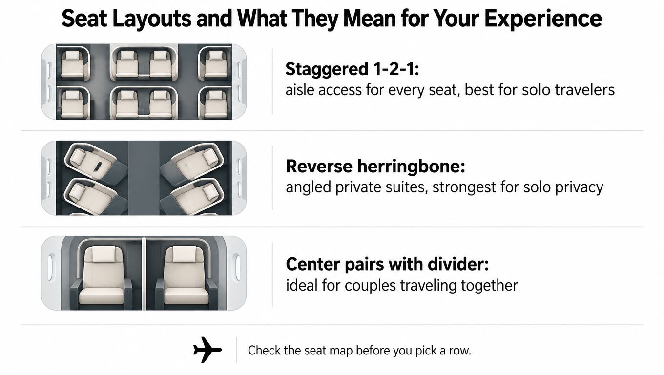 A diagram comparing three different airplane business class seat layouts for passengers to choose their preferred seating.