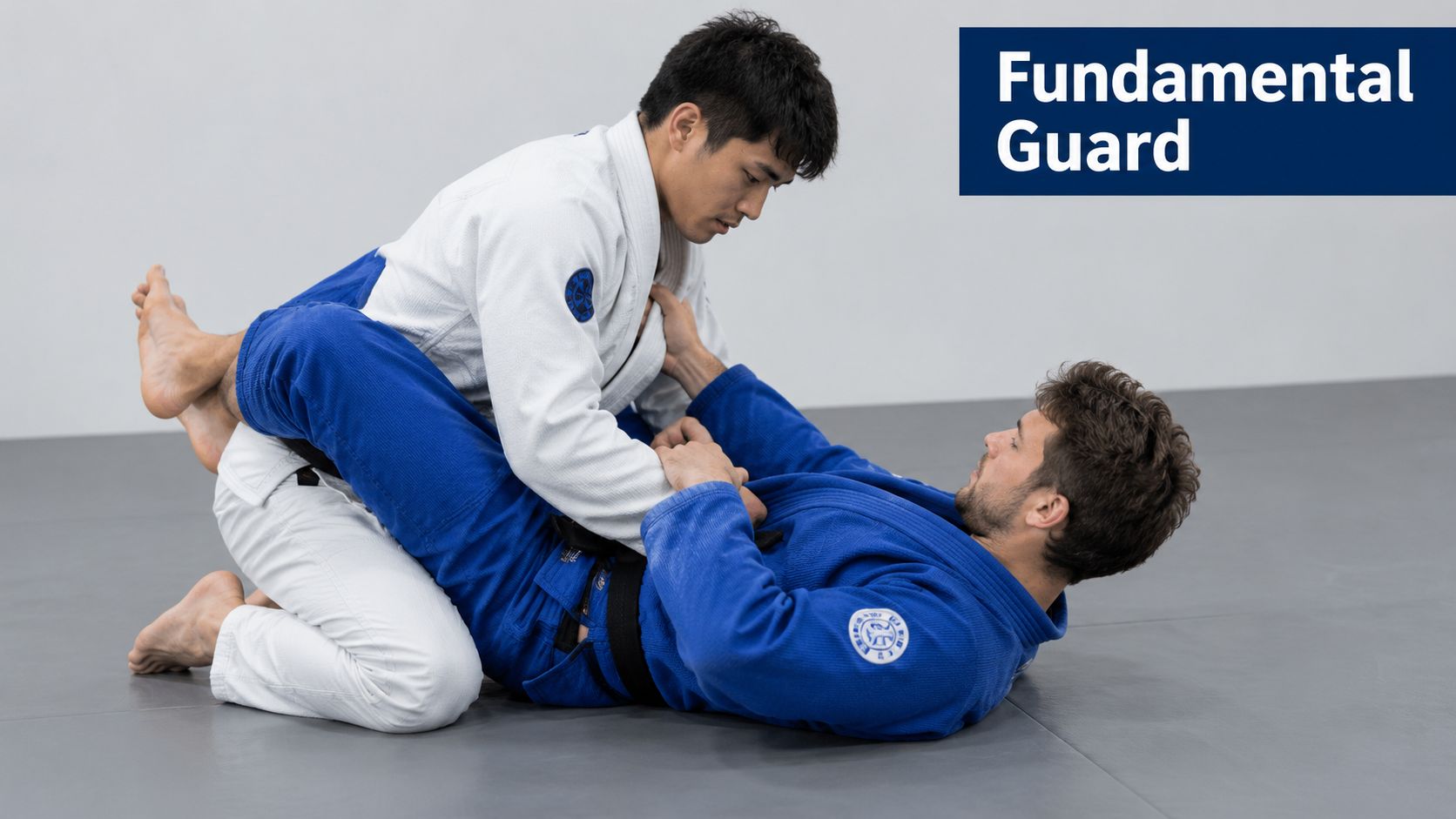 A practitioner in a white gi demonstrates the fundamental closed guard position on a blue gi opponent.