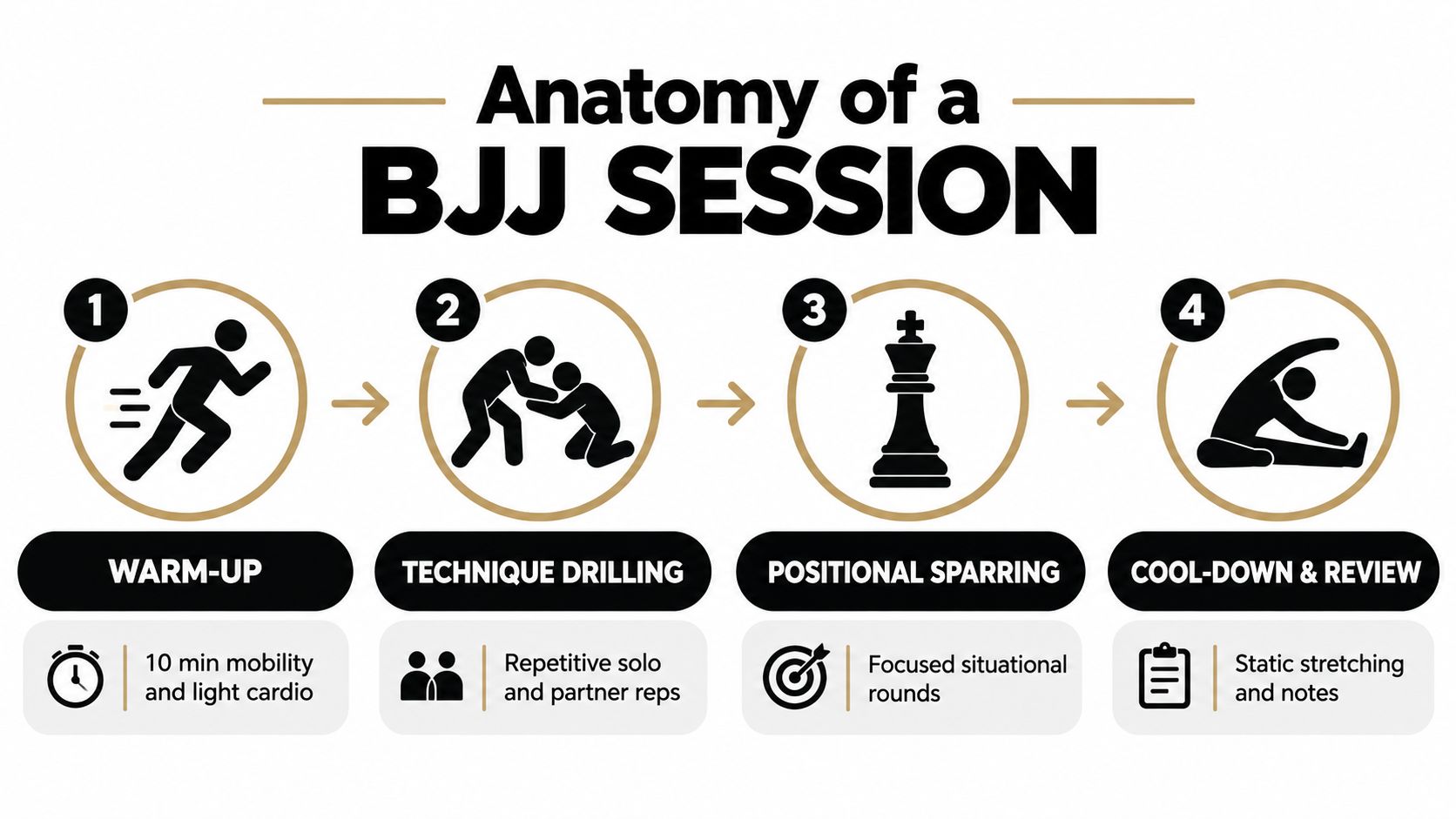 An infographic showing the four-step structure of a Brazilian Jiu-Jitsu training session, from warm-up to cool-down.