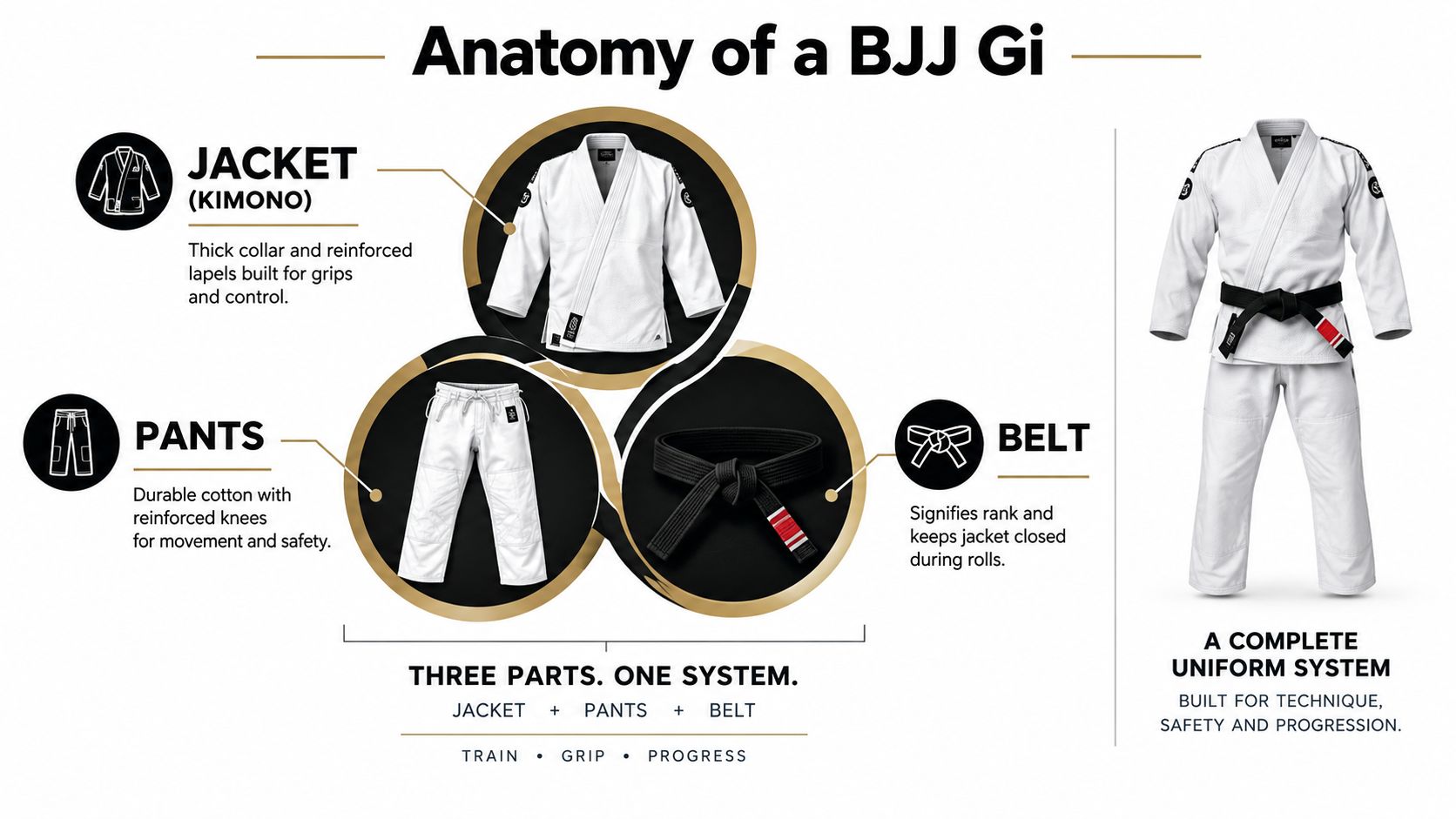 A detailed infographic titled Anatomy of a BJJ Gi showing the jacket, pants, and belt components.