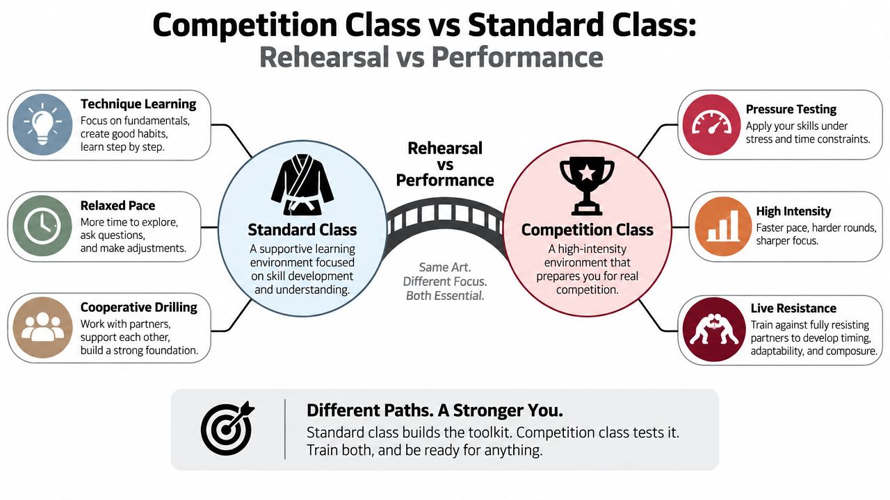 A comparison chart showing how standard BJJ classes focus on technique and competition classes focus on intensity.