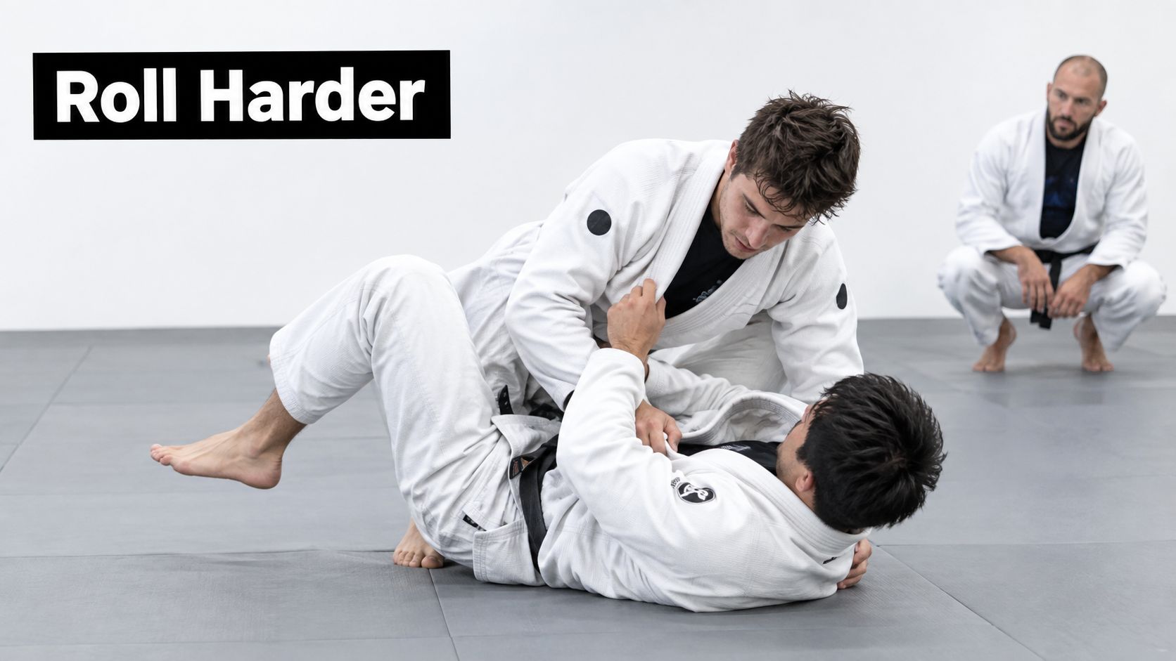 Two Brazilian Jiu-Jitsu practitioners sparring on a mat while an instructor watches in the background